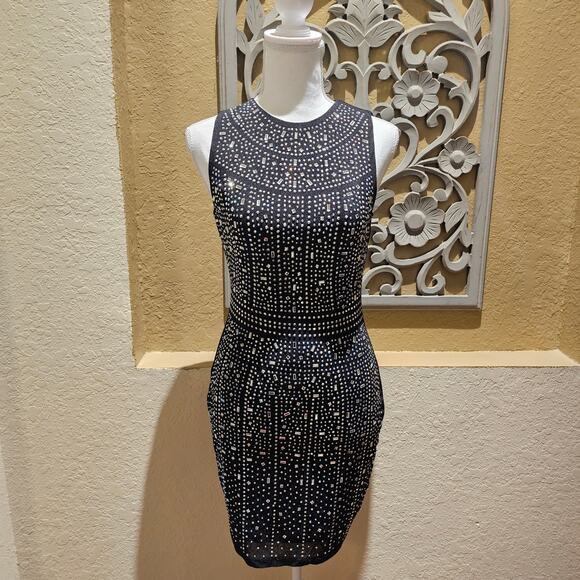 Windsor Heat XS Stone Rhinestone Bodycon Mini Dress Black Sleeveless Party Glam - Picture 3 of 14